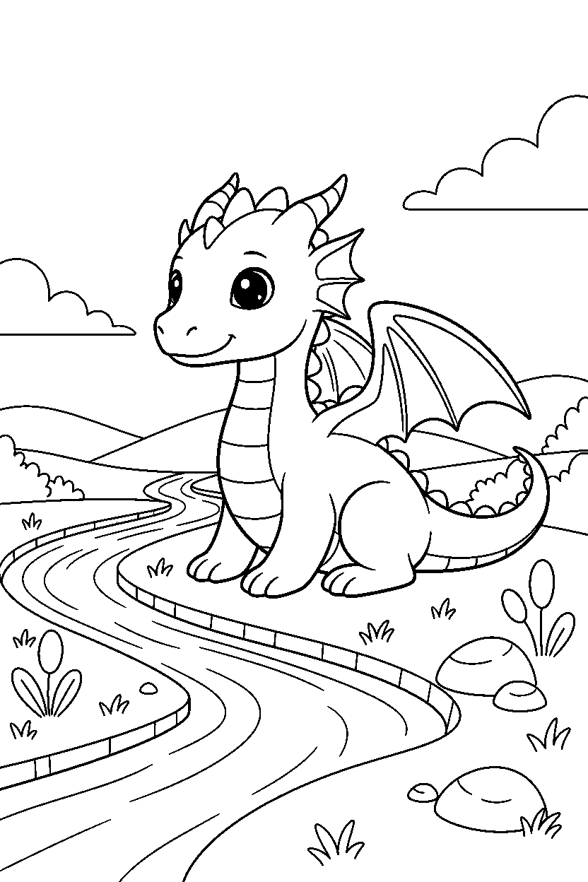 fantasy dragon sitting peacefully near a glowing river line art