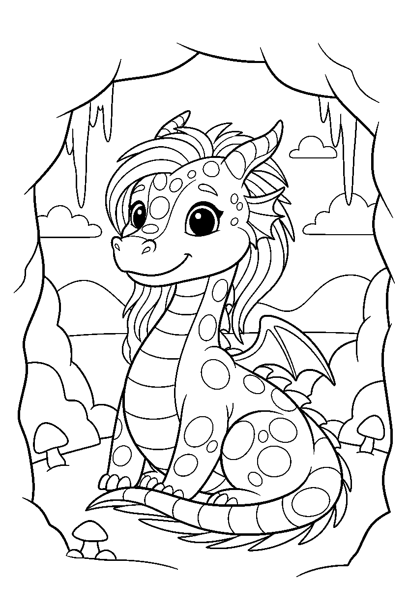 fantasy dragon smiling happily in a hidden cave line art