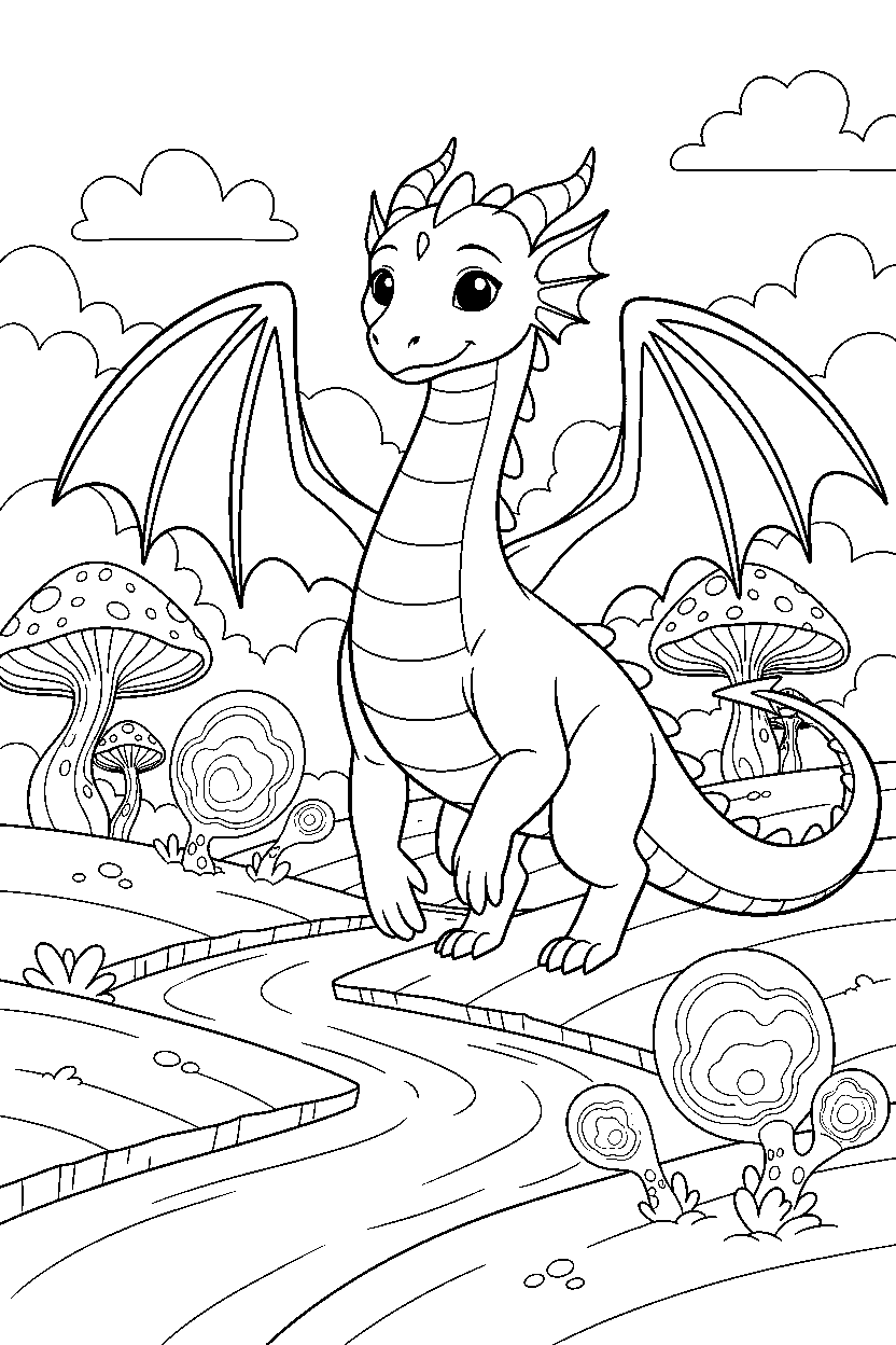fantasy dragon walking gently in a glowing valley line art