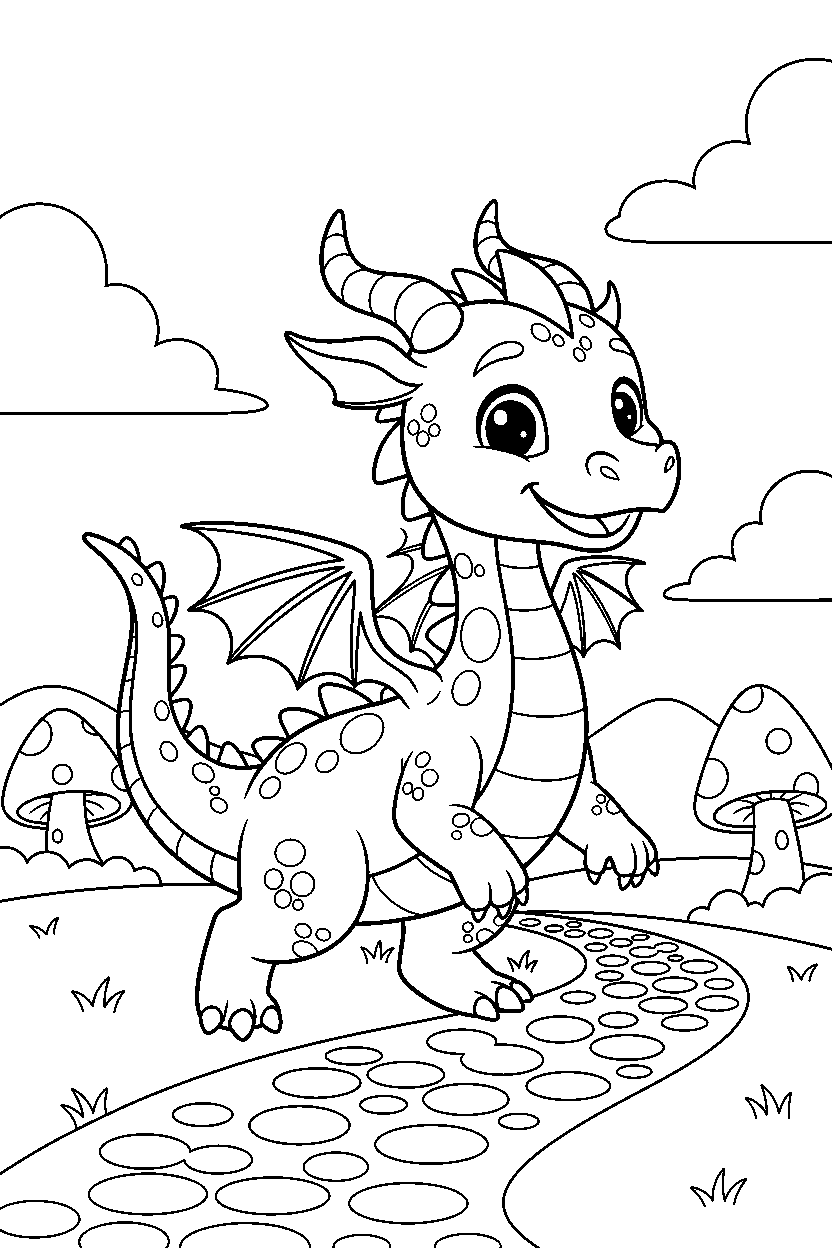 fantasy dragon walking happily in a fantasy land line art