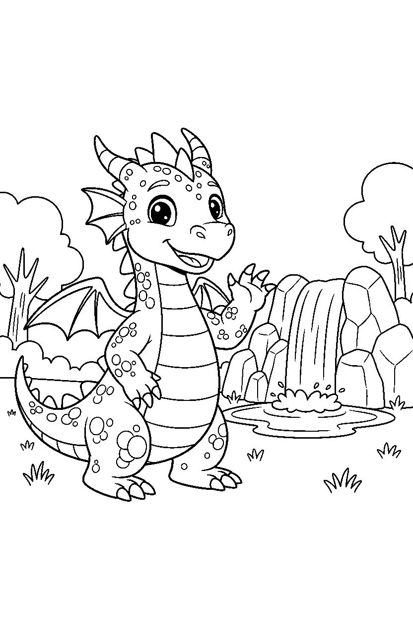 fantasy dragon waving happily near a waterfall line art