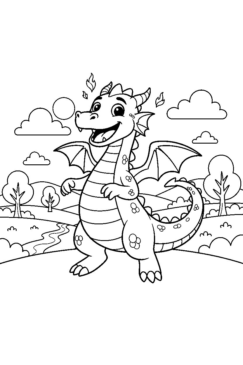 fire dragon celebrating happily in a peaceful countryside line art