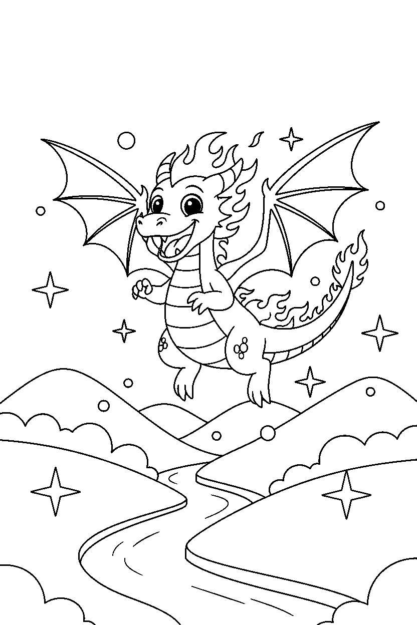 fire dragon celebrating happily in a starry valley line art