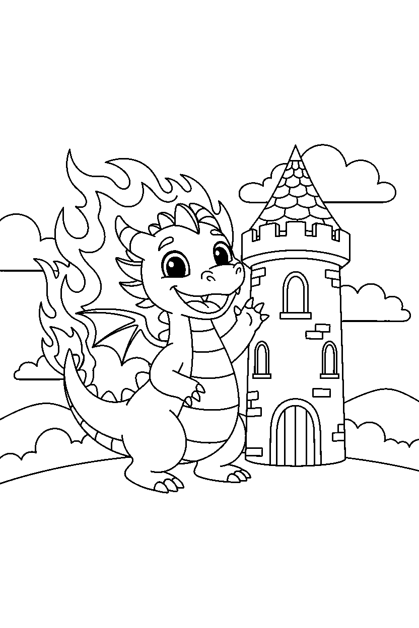 fire dragon celebrating happily near a castle tower line art