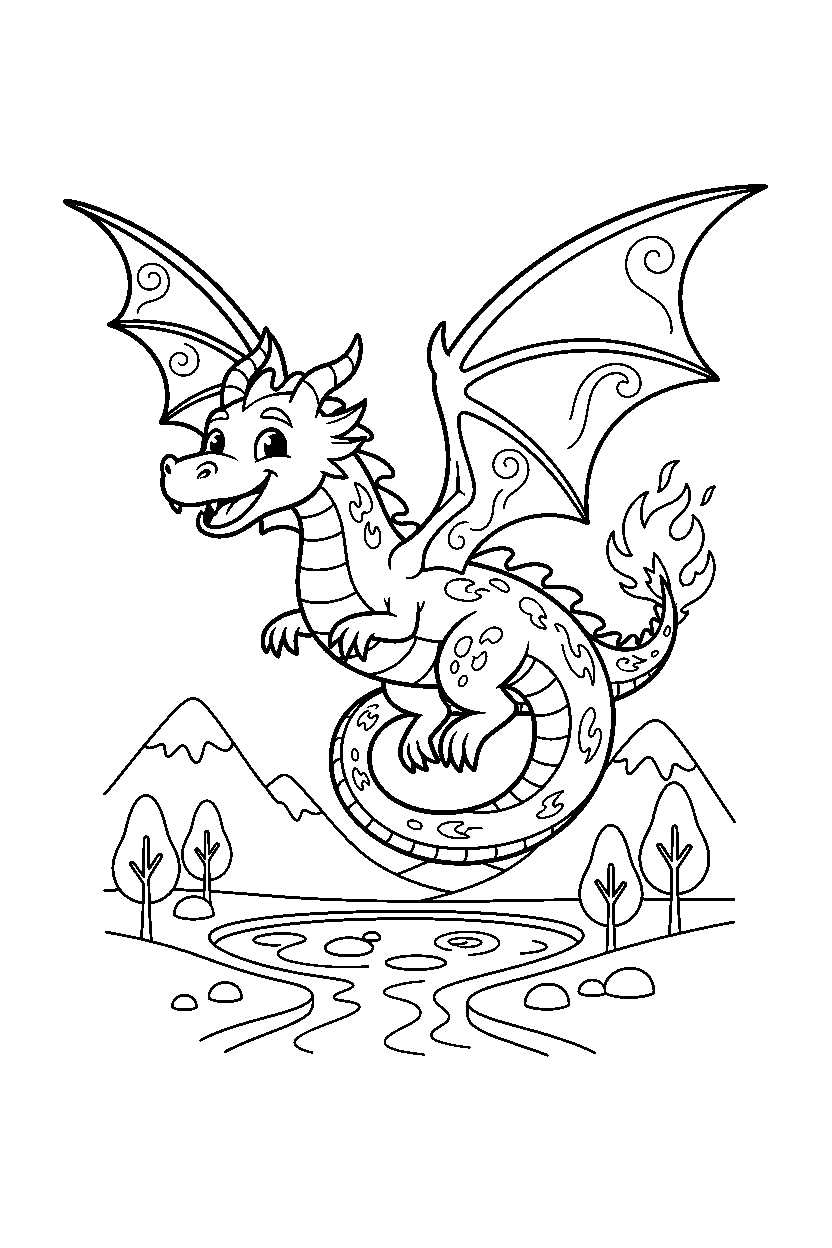 fire dragon flying happily in a glowing valley line art