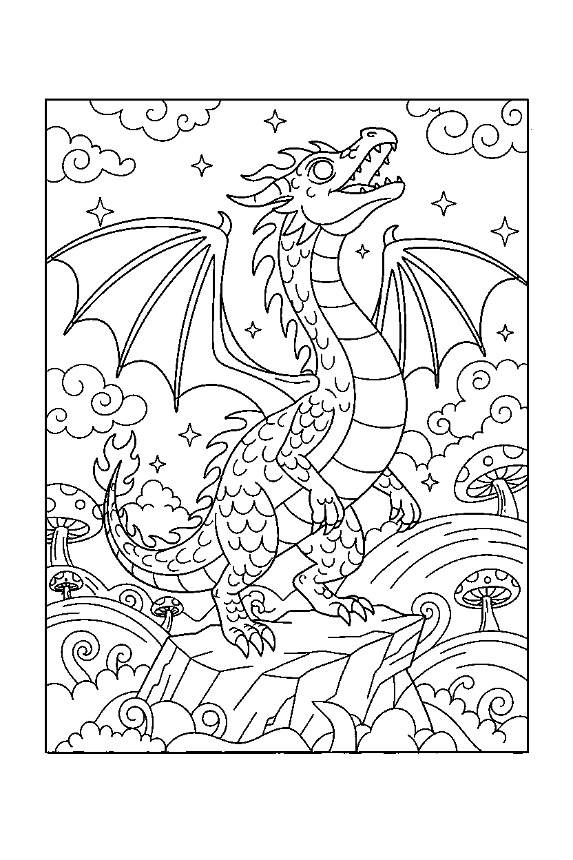 fire dragon getting ready to fly in a colorful world line art
