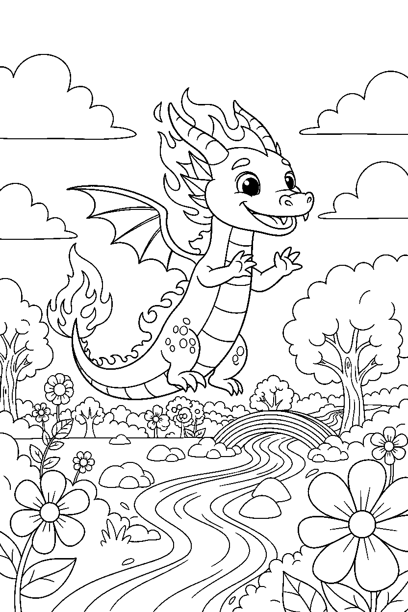 fire dragon jumping with joy in a colorful world line art