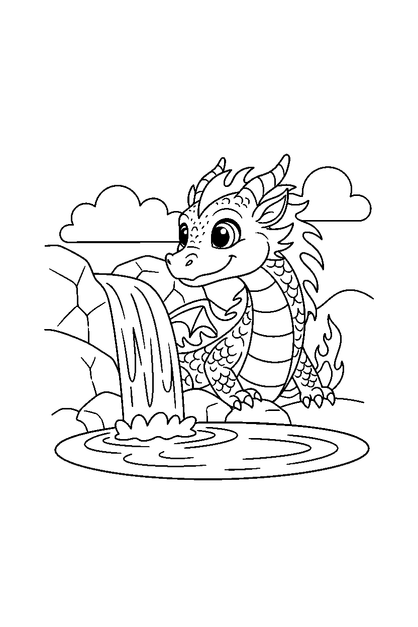 fire dragon looking around near a waterfall line art
