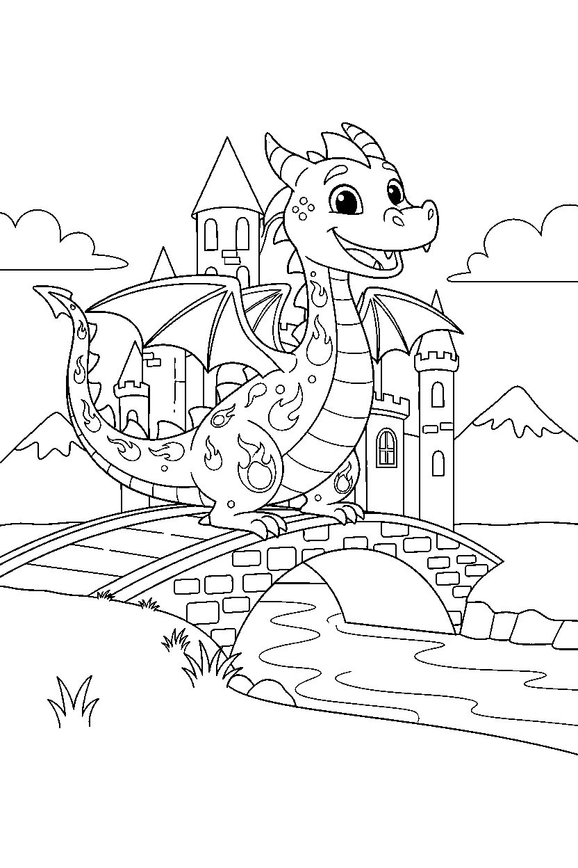 fire dragon looking happy near a castle bridge line art