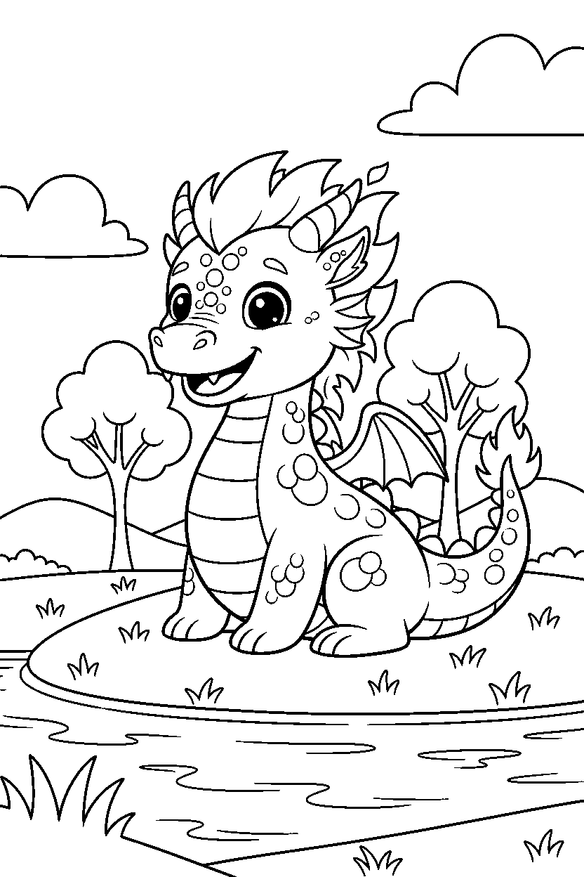 fire dragon looking happy near a peaceful lake line art