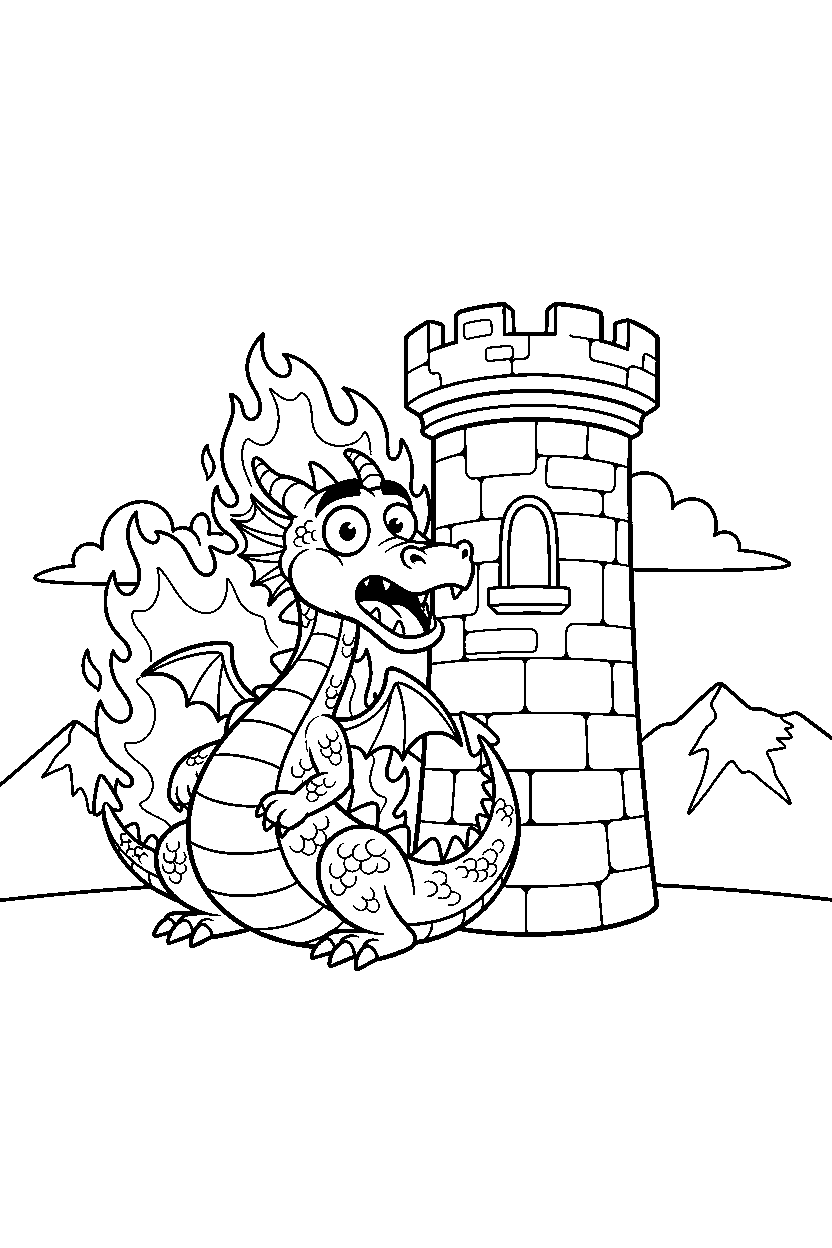 fire dragon looking surprised near a castle tower line art