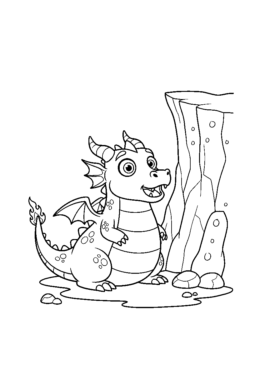 fire dragon looking surprised near a rocky cliff line art