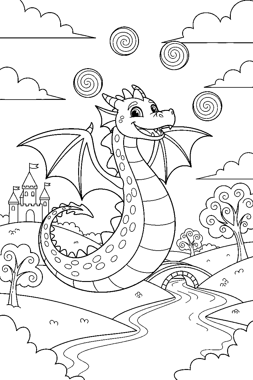 fire dragon playing happily in a magic kingdom line art