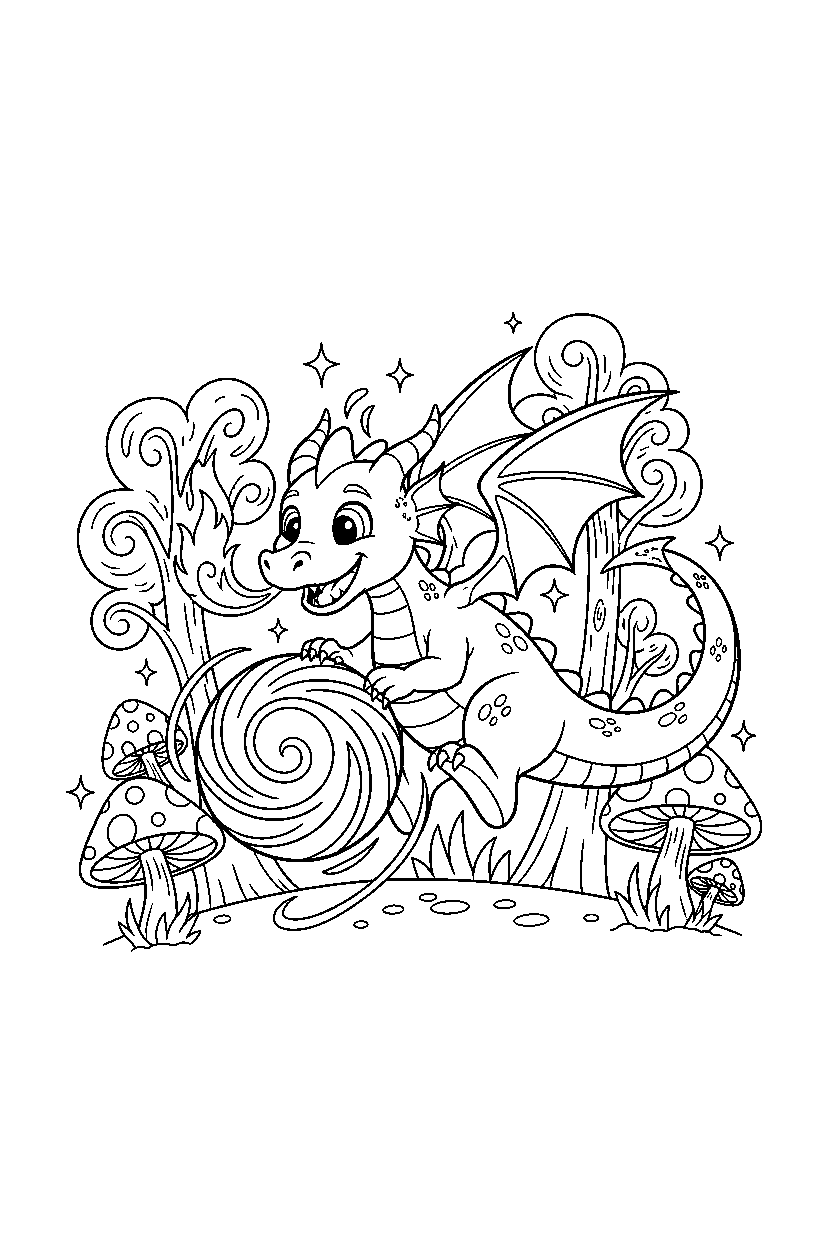 fire dragon playing happily in a magical forest line art