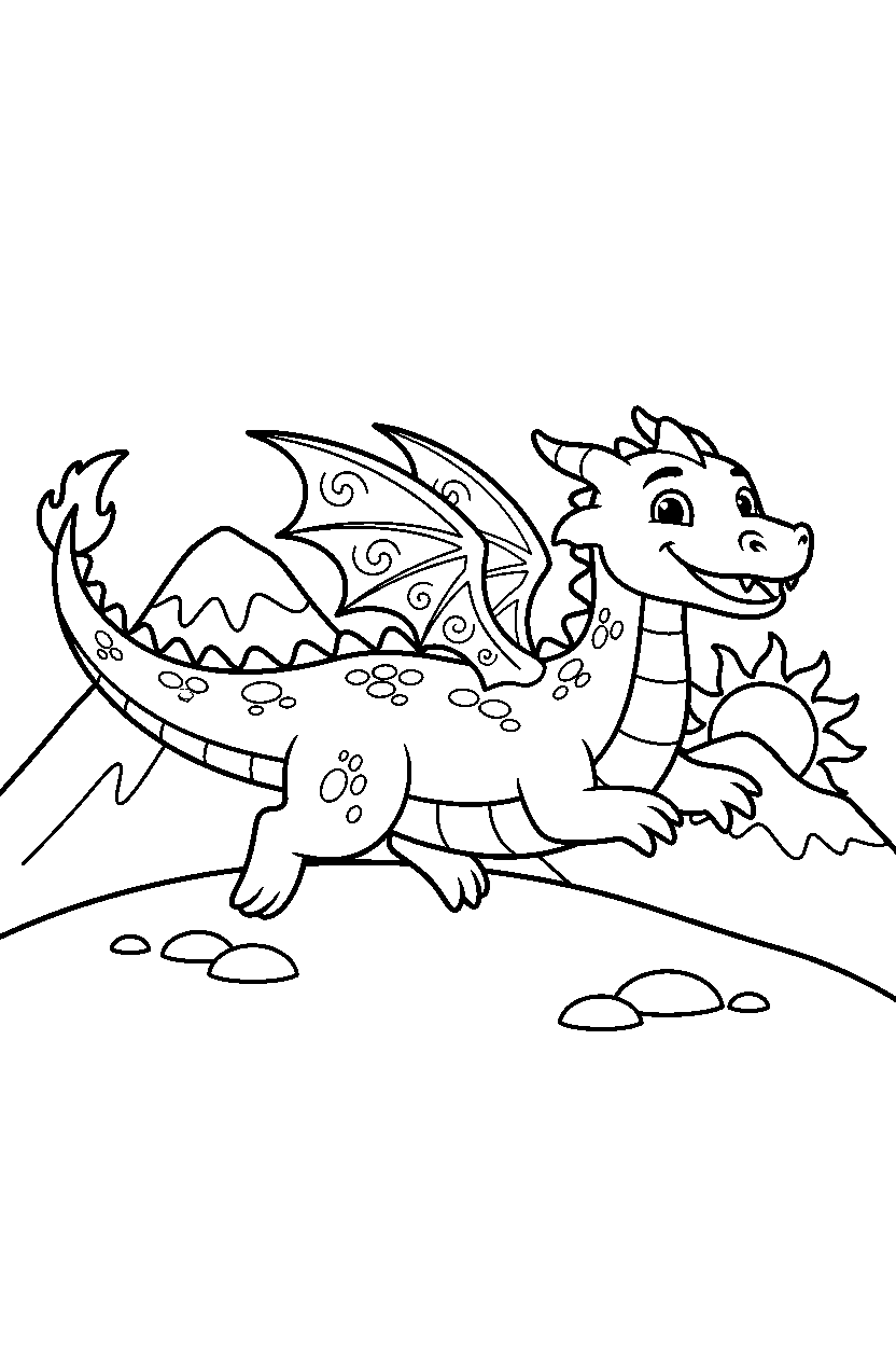 fire dragon playing happily on a mountain hill line art