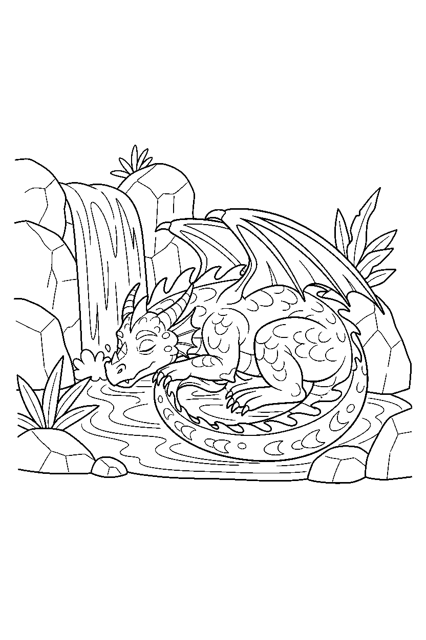 fire dragon resting peacefully near a waterfall line art