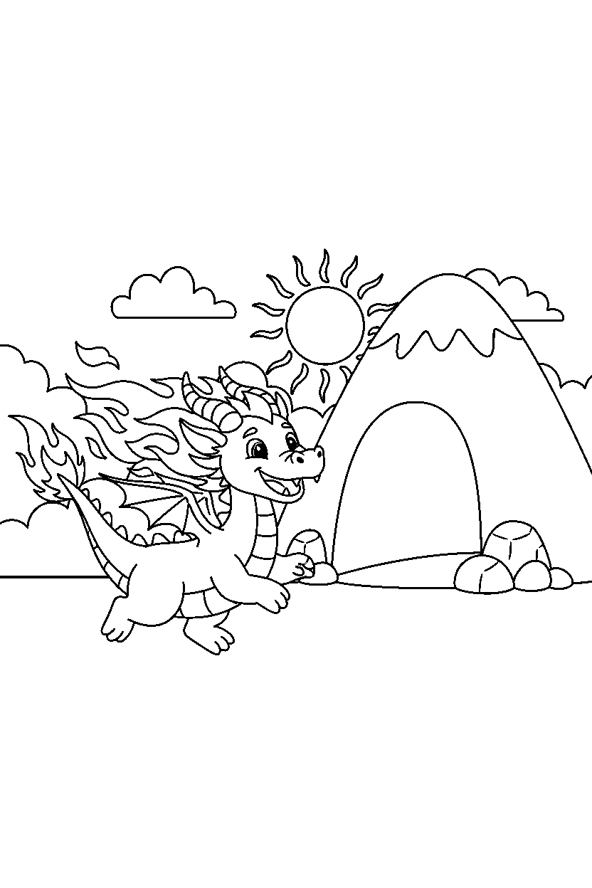 fire dragon running happily near a mountain cave line art