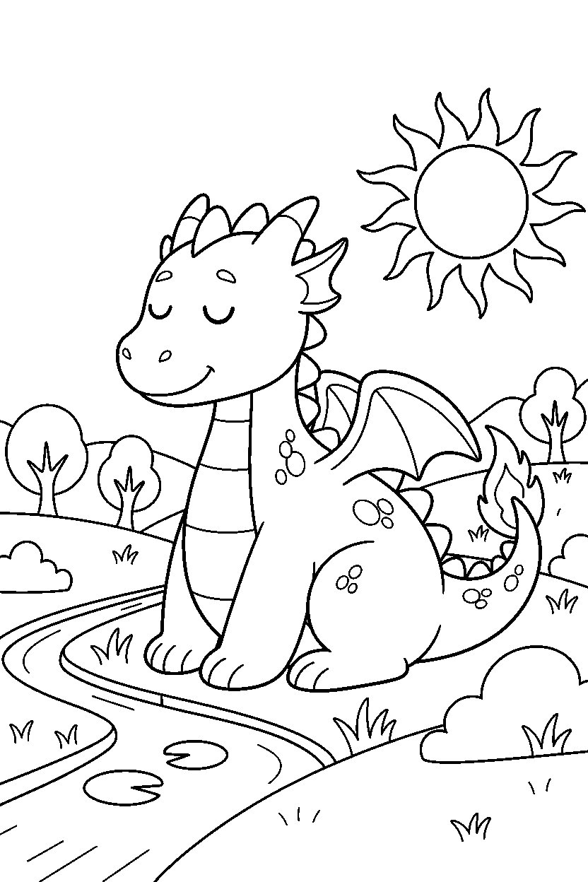 fire dragon sitting peacefully in a peaceful countryside line art