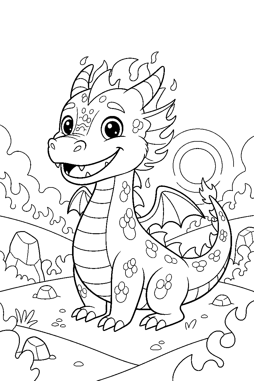 fire dragon smiling happily in a glowing valley line art