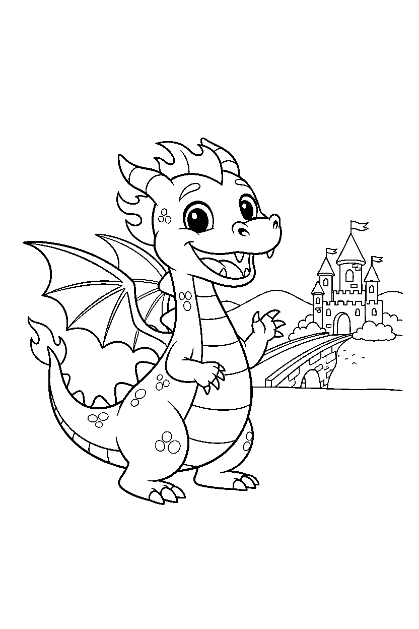 fire dragon smiling happily near a castle bridge line art