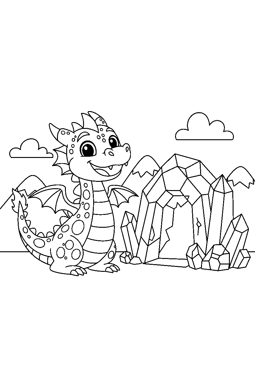 fire dragon smiling happily near a crystal cave line art
