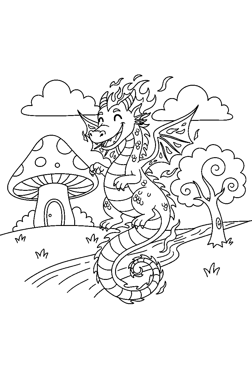 fire dragon spinning happily in a fantasy land line art