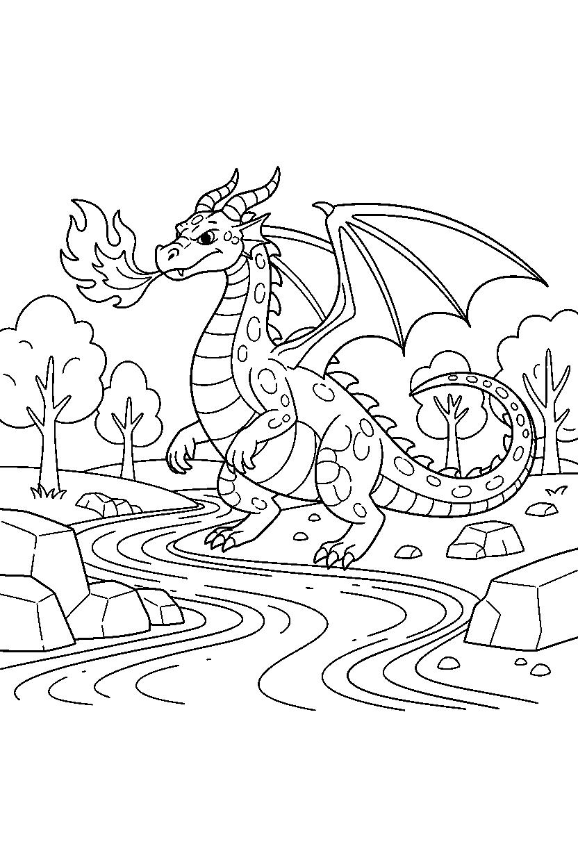 fire dragon standing bravely near a glowing river line art