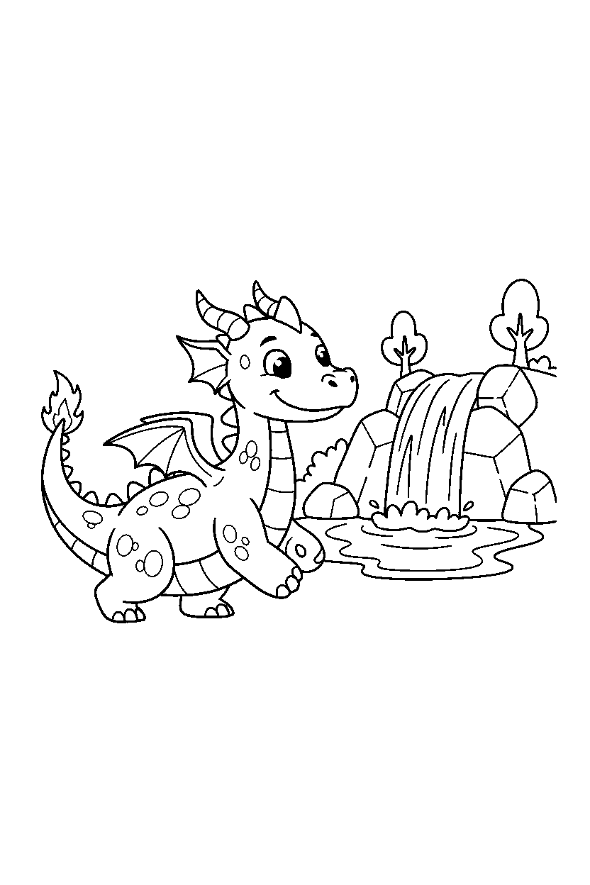 fire dragon walking happily near a waterfall line art