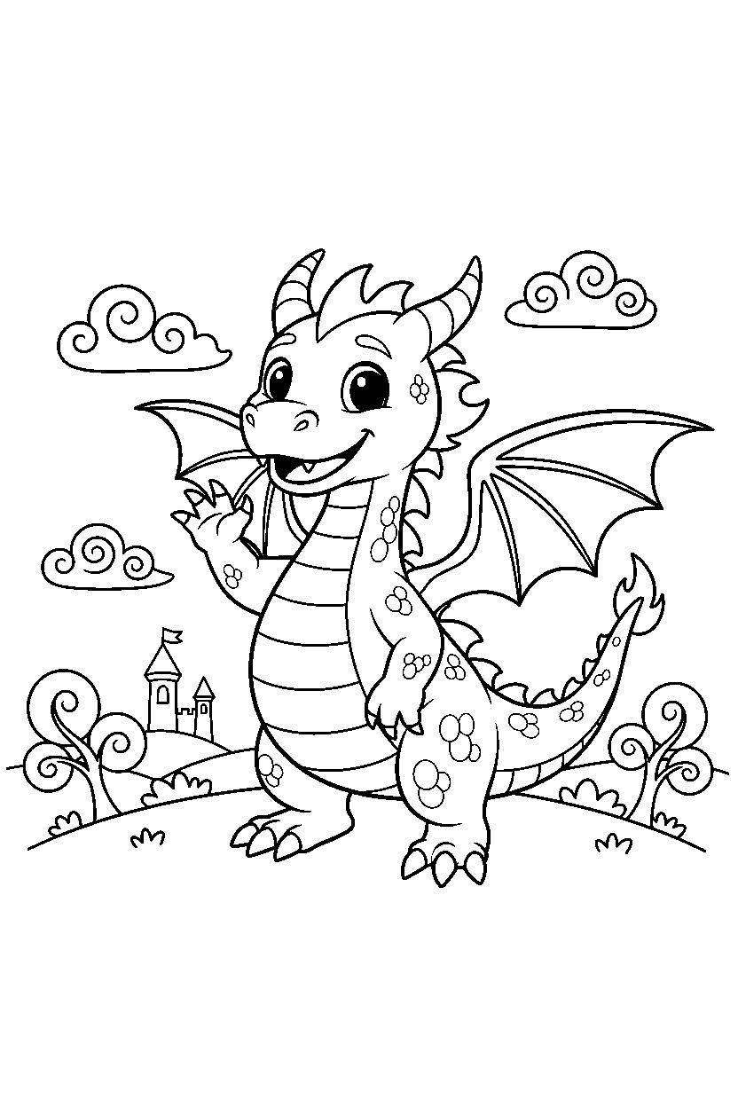 fire dragon waving happily in a fantasy land line art