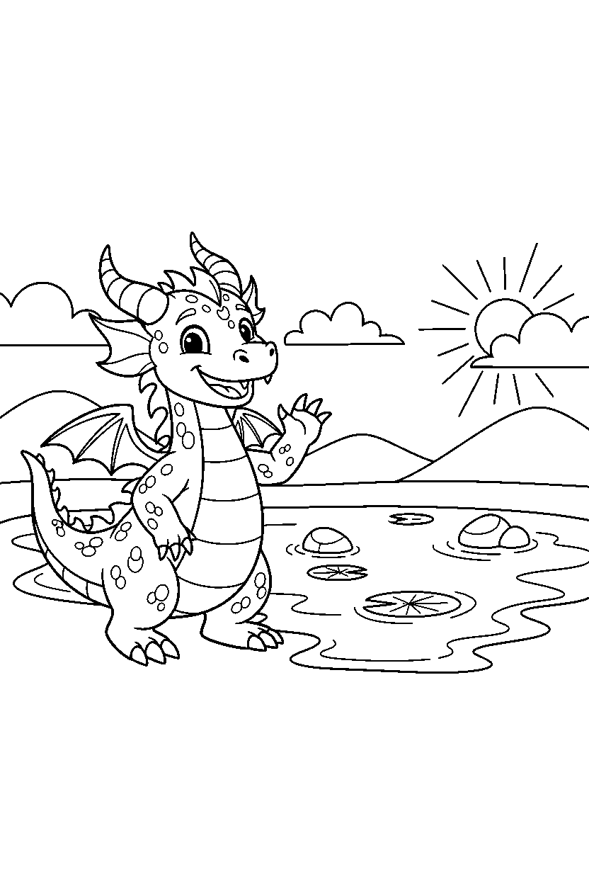 fire dragon waving happily near a peaceful lake line art