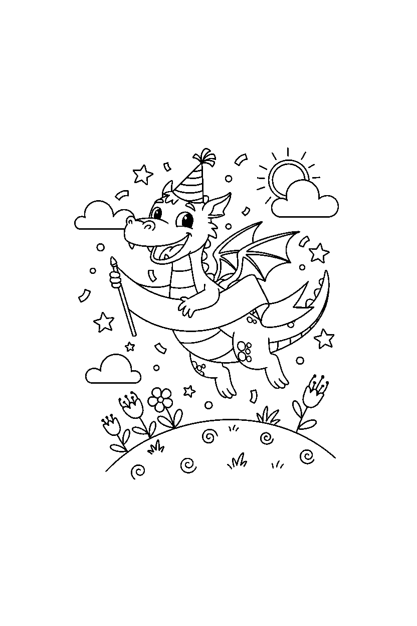 flying dragon celebrating happily on a bright hill line art