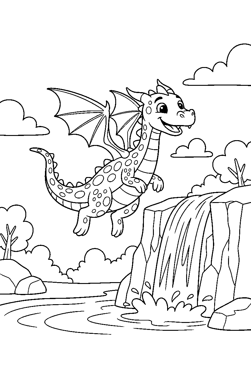 flying dragon exploring happily near a waterfall line art