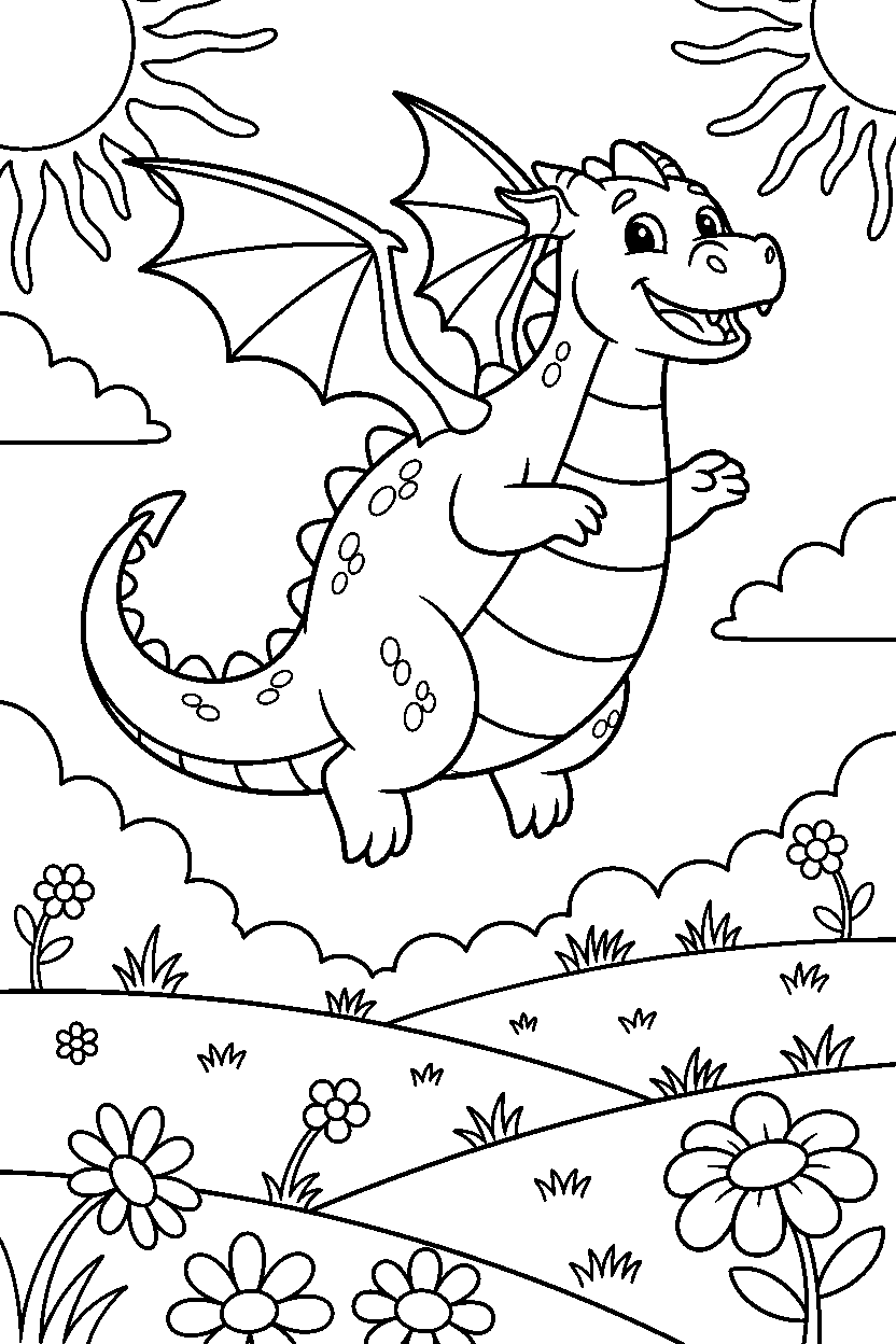 flying dragon exploring happily on a sunny meadow line art