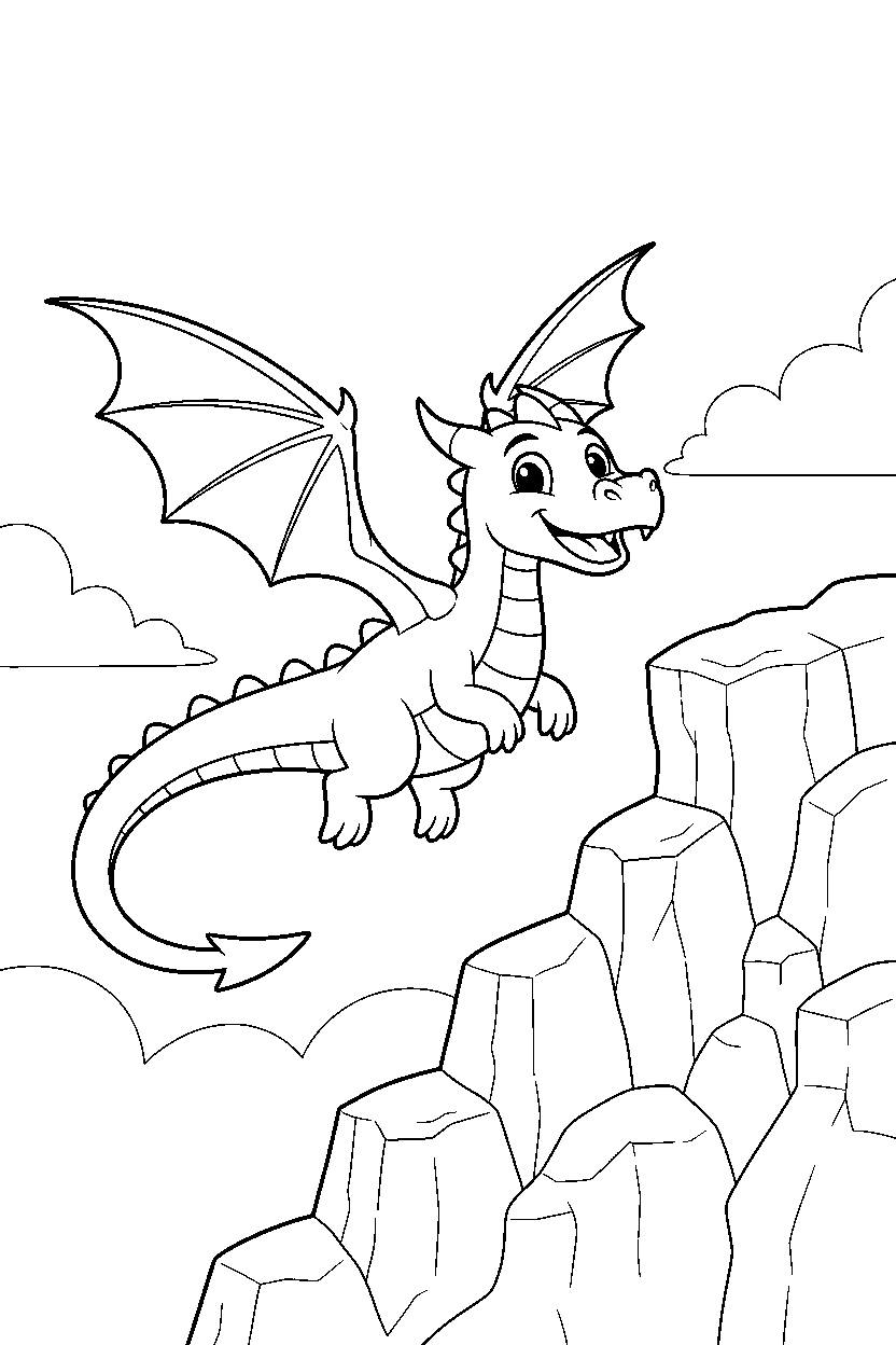 flying dragon flying happily near a rocky cliff line art