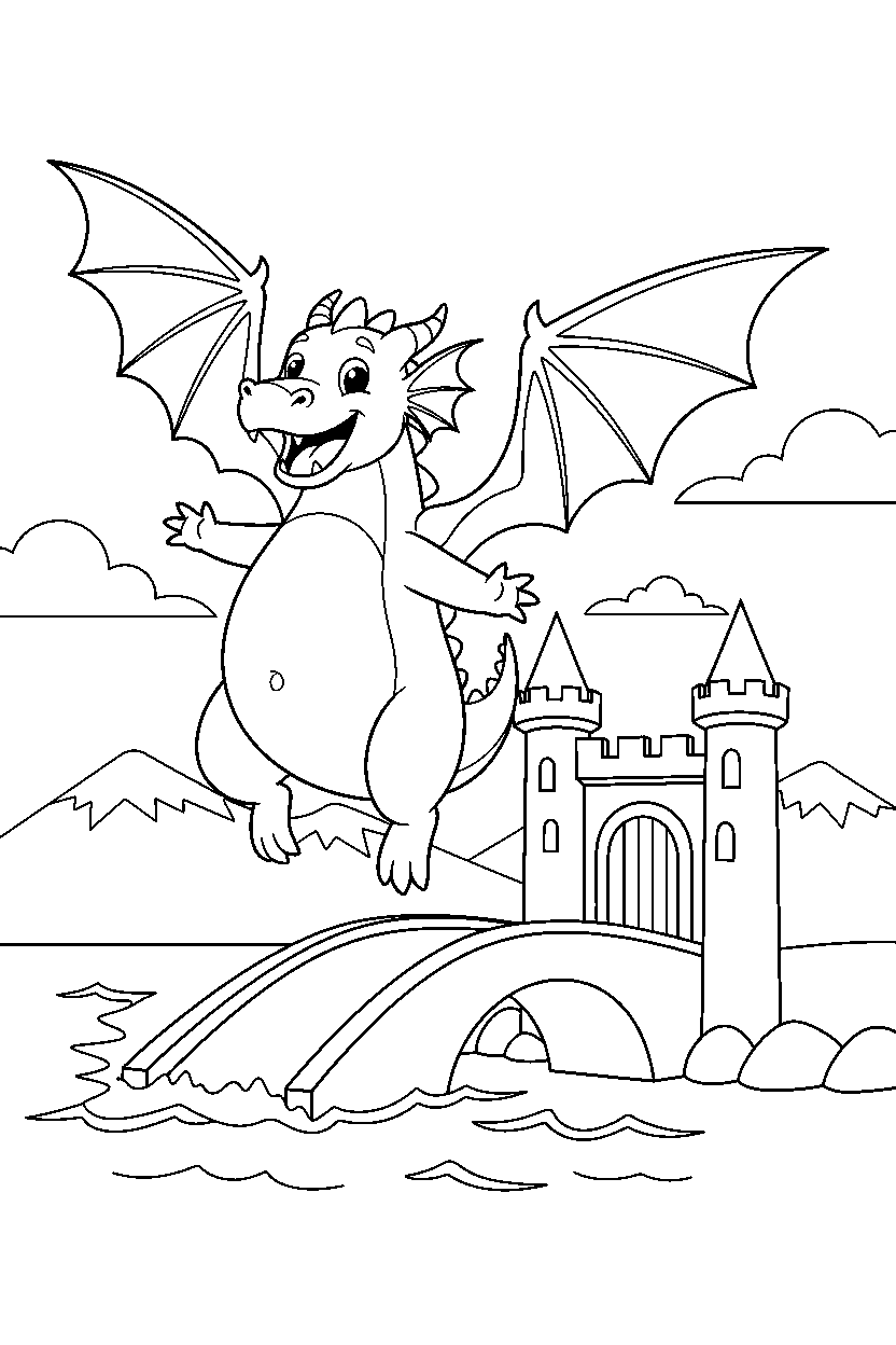flying dragon jumping with joy near a castle bridge line art