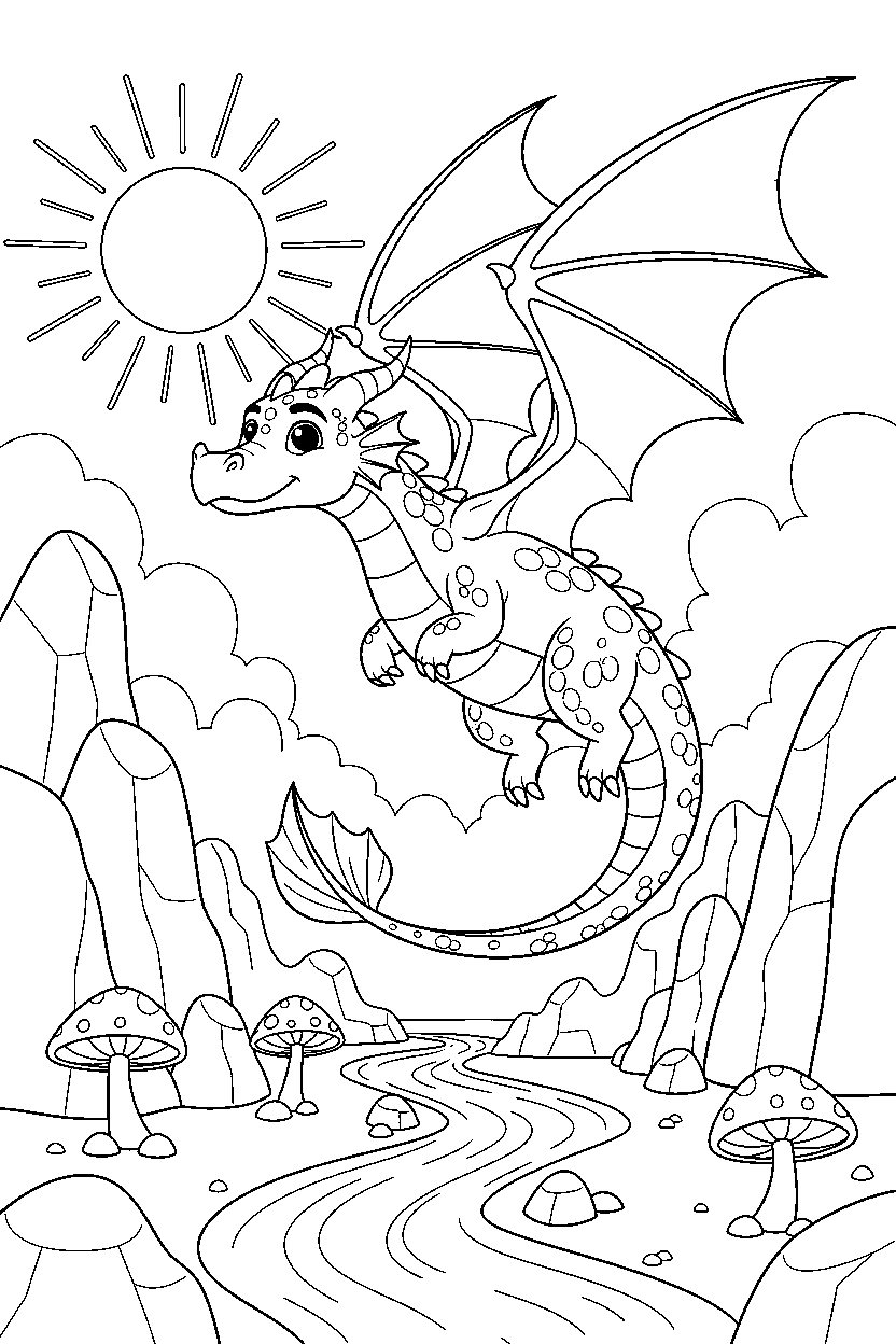 flying dragon looking around in a glowing valley line art