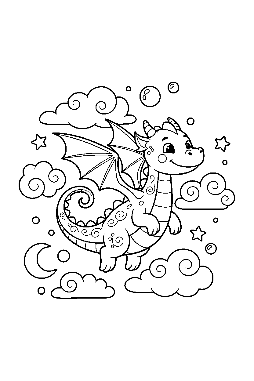 flying dragon looking happy in a dream world line art