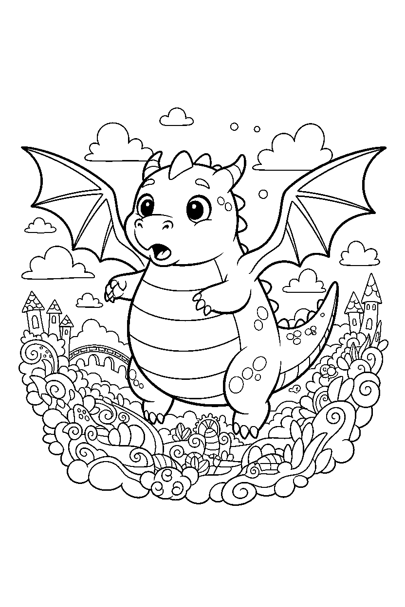 flying dragon looking surprised in a colorful world line art