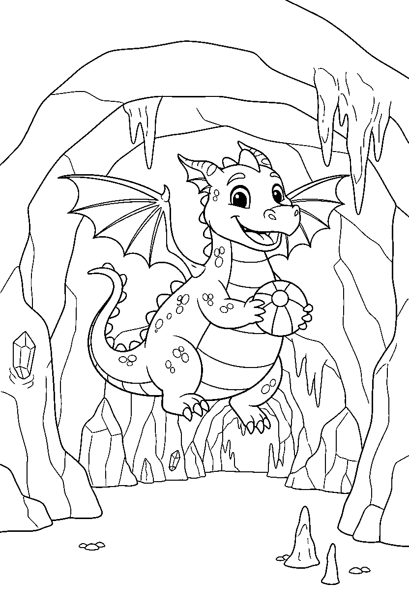 flying dragon playing happily in a hidden cave line art