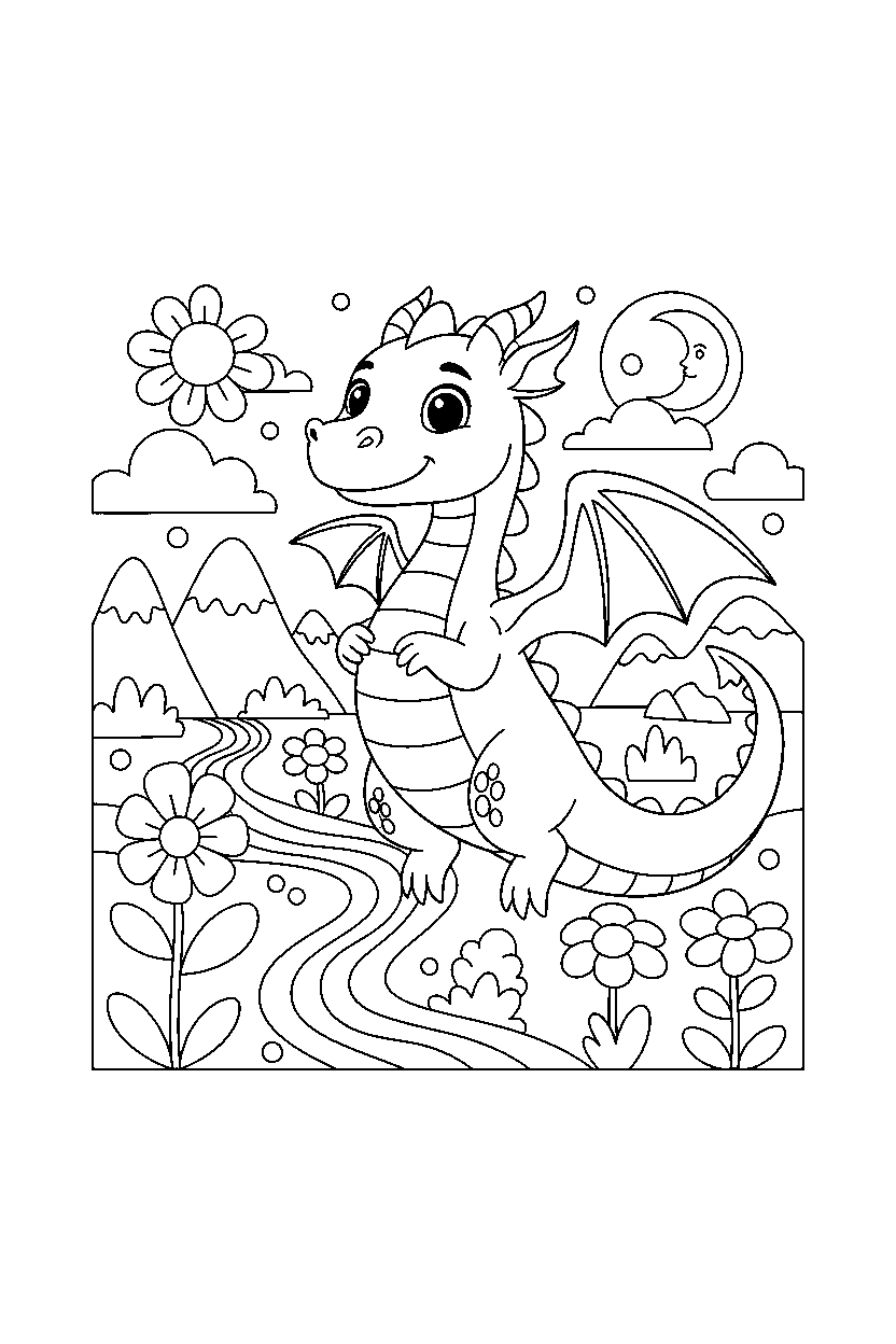 flying dragon posing proudly in a colorful world line art