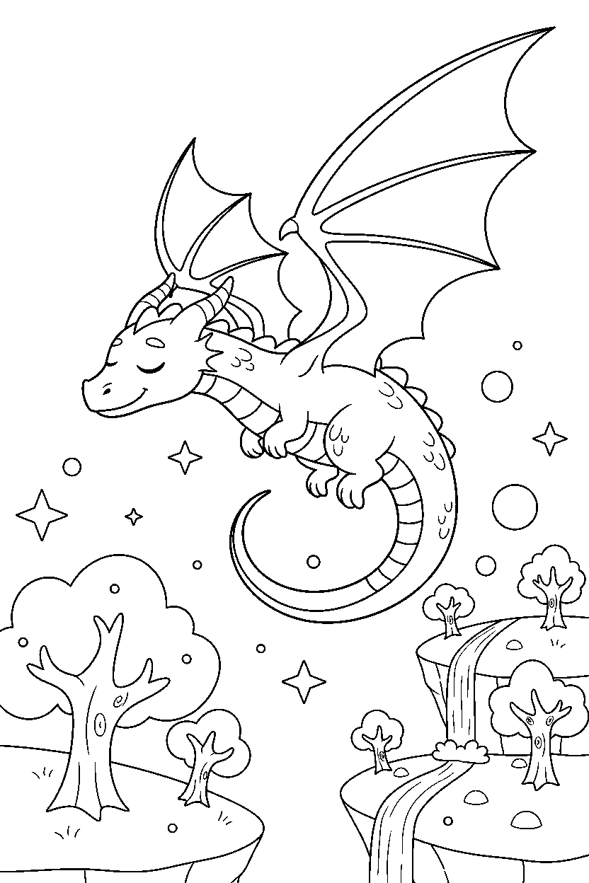 flying dragon relaxing peacefully in a magical landscape line art