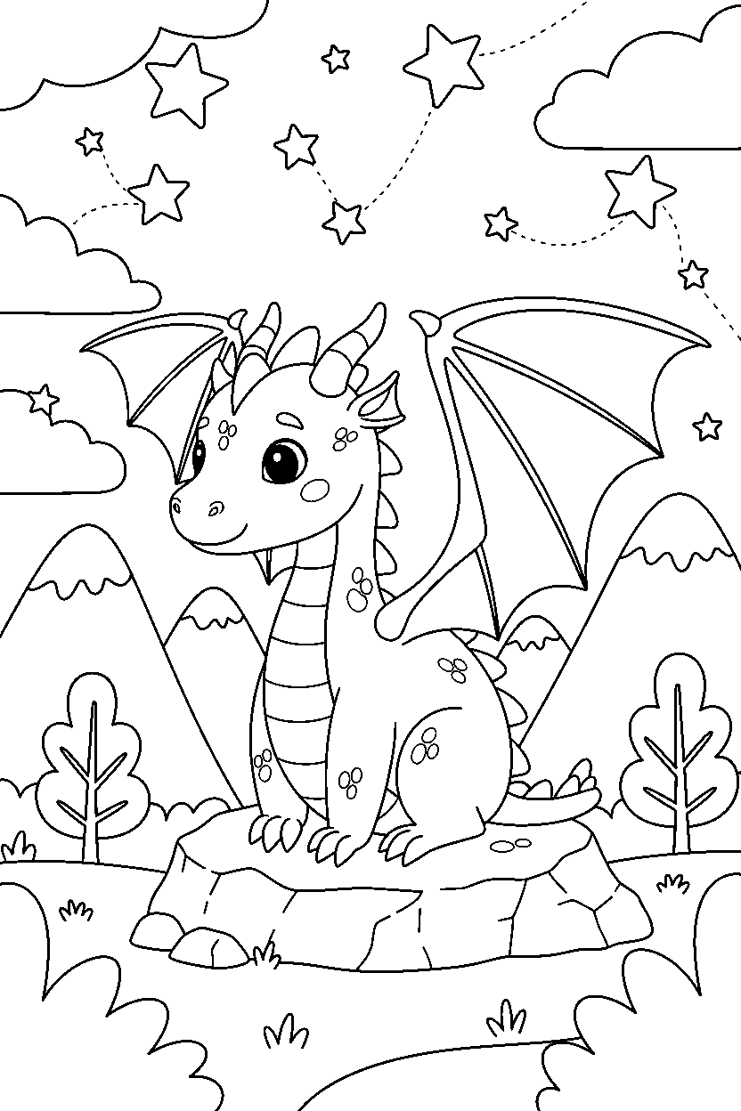 flying dragon sitting peacefully in a starry valley line art