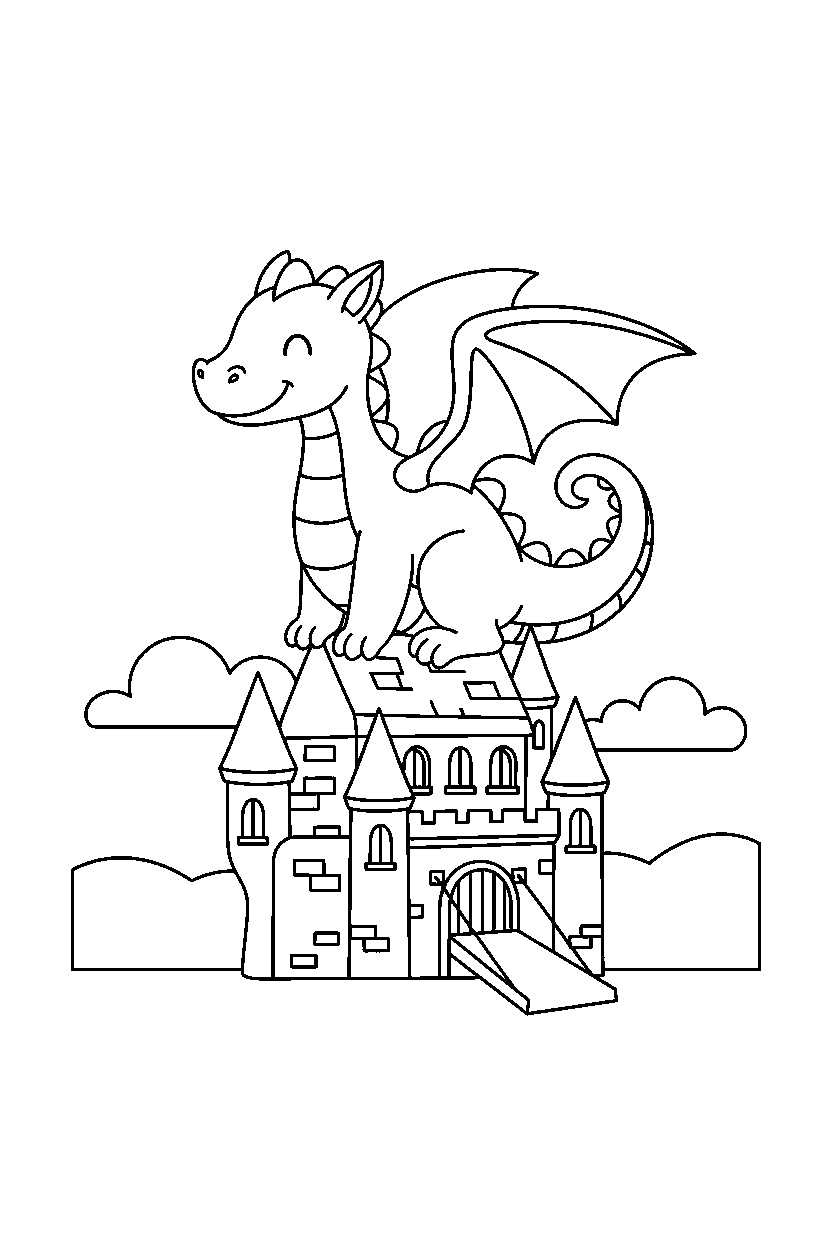 flying dragon sitting peacefully near a castle line art