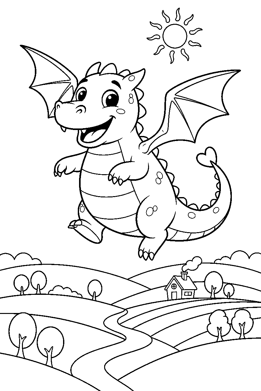 flying dragon smiling happily in a peaceful countryside line art