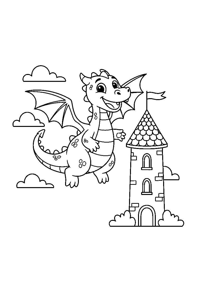 flying dragon smiling happily near a castle tower line art