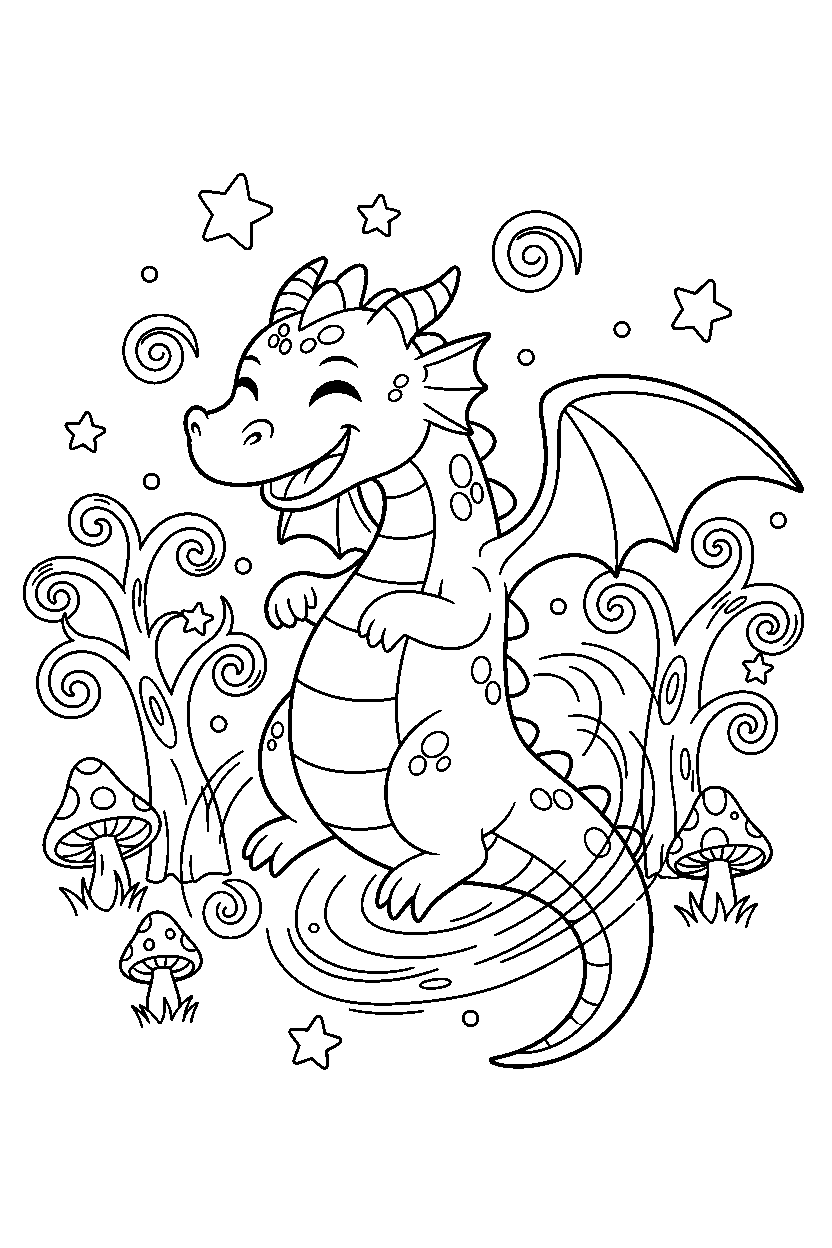 flying dragon spinning happily in a magical forest line art