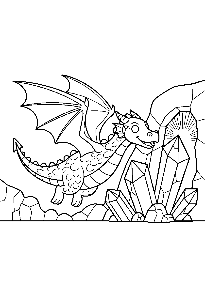 flying dragon spreading wings near a crystal cave line art