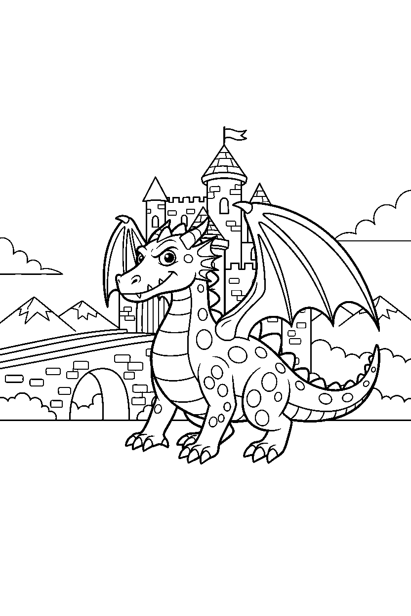 flying dragon standing bravely near a castle bridge line art