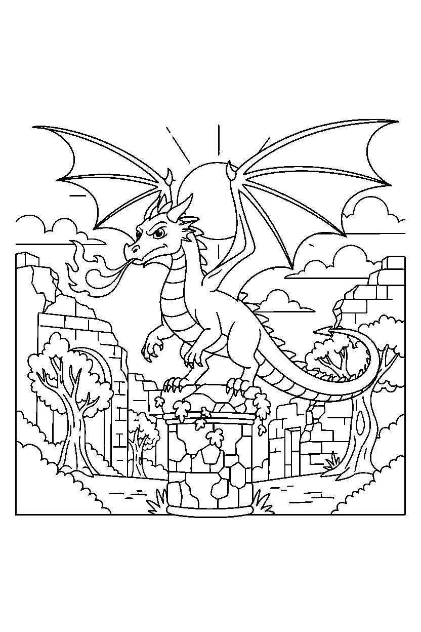 flying dragon standing bravely near ancient ruins line art