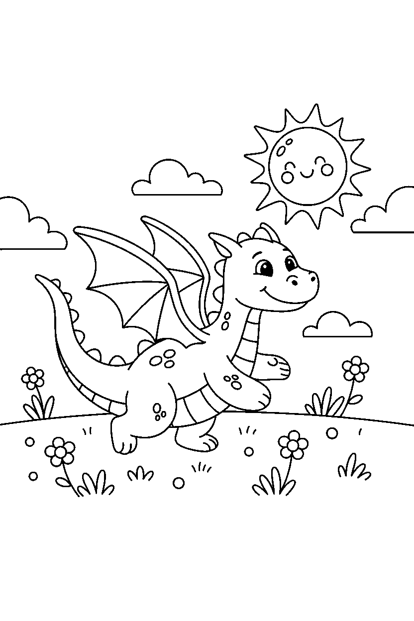 flying dragon trotting happily on a sunny meadow line art